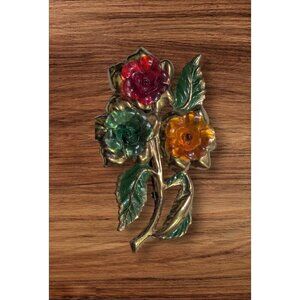 Vintage antique metal  enamel floral l leaf  brooch pin  3"green orange red